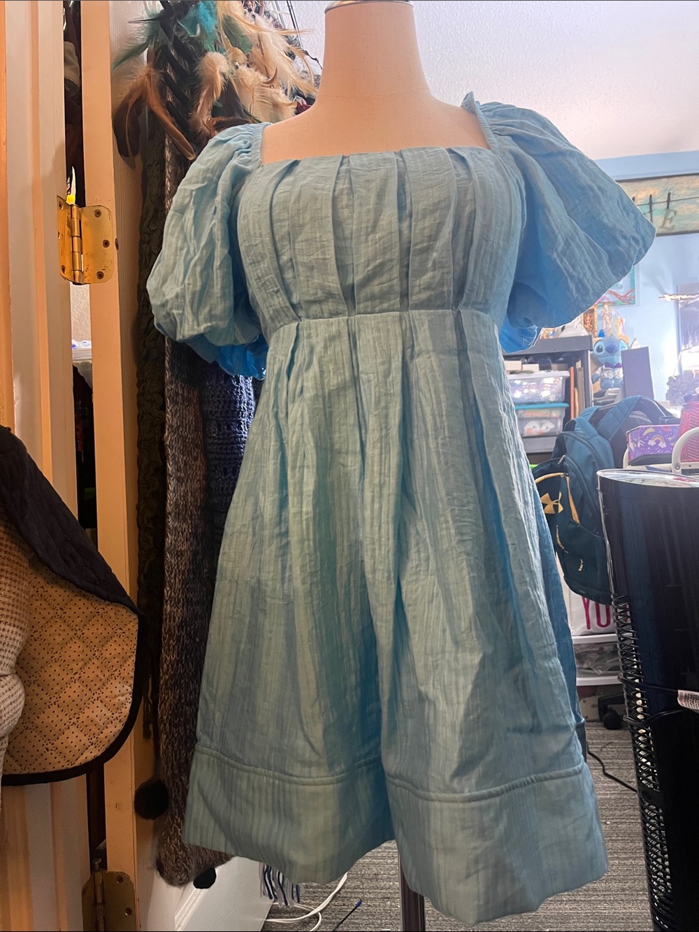 Forever 21 Light Blue Puff Sleeve Square-Neck Midi Dress